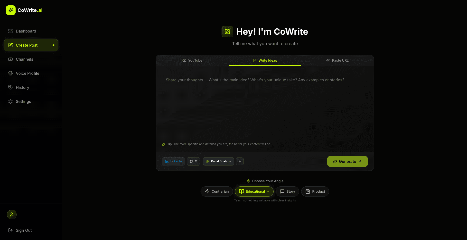 Create Post interface showing YouTube-to-posts generation