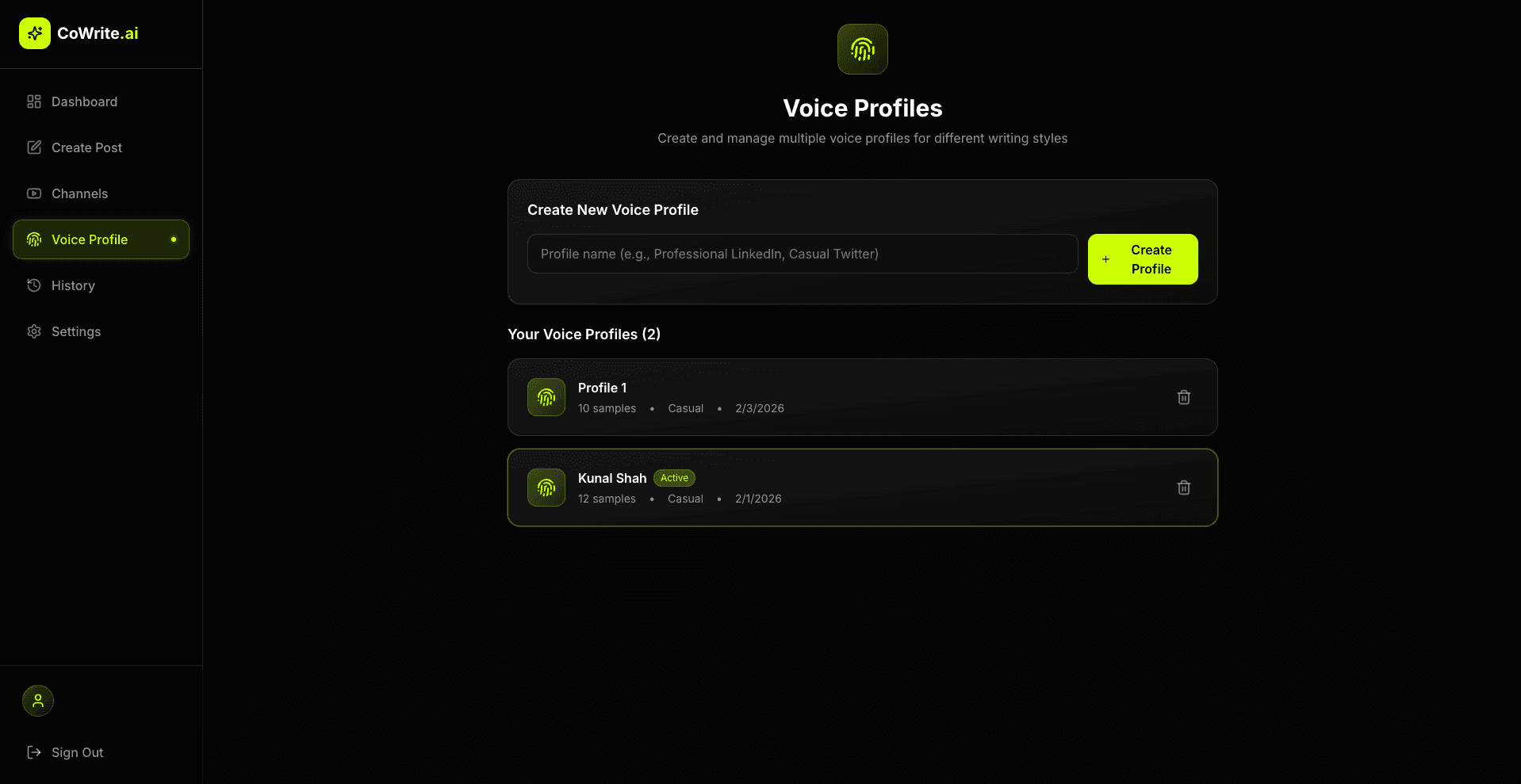 Voice Profile management interface
